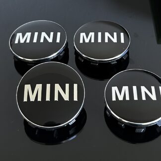 4x 56mm f&uuml;r MINI schwarz gl&auml;nzend Rand silber Felgendeckel Nabenkappen Rad Felgenkappen Nabendeckel Kappe