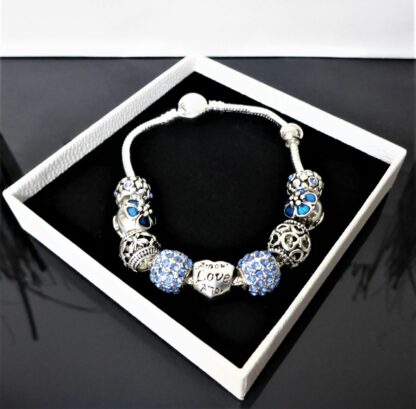 20cm Schlangen Gliederarmband Pave + 10 Charms BLAU silber Herz Charm Armband – Bild 3