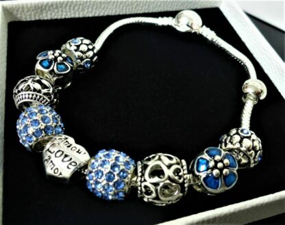 20cm Schlangen Gliederarmband Pave + 10 Charms BLAU silber Herz Charm Armband – Bild 4