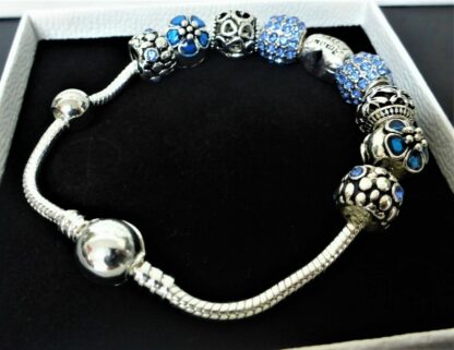 20cm Schlangen Gliederarmband Pave + 10 Charms BLAU silber Herz Charm Armband – Bild 5