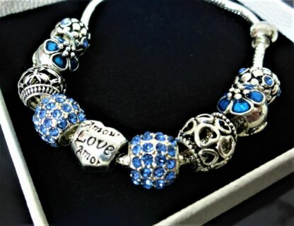 20cm Schlangen Gliederarmband Pave + 10 Charms BLAU silber Herz Charm Armband