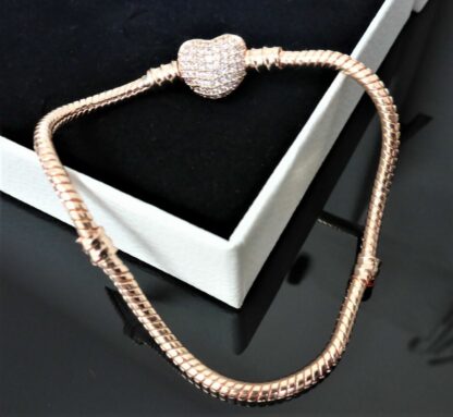 NEU 19cm ROSEGOLD Schlangen Gliederband Pave Charm Herz Treue Armband Herzclip – Bild 2