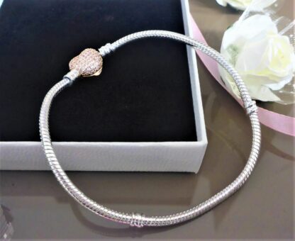 21cm ROSEGOLD silber Schlangen Gliederarmband Pave Herz Liebe Charm Armband – Bild 4