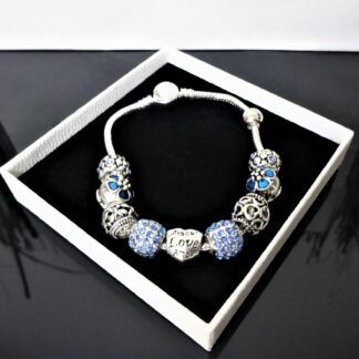 21cm Schlangen Gliederarmband Pave + 10 Charms BLAU silber Herz Charm Armband