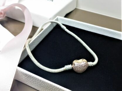 NEU 17cm ROSEGOLD Schlangen silber Gliederarmband Pave Charm Herz Liebe Armband – Bild 3