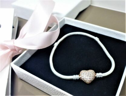 NEU 17cm ROSEGOLD Schlangen silber Gliederarmband Pave Charm Herz Liebe Armband