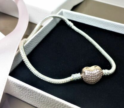 NEU 17cm ROSEGOLD Schlangen silber Gliederarmband Pave Charm Herz Liebe Armband – Bild 9