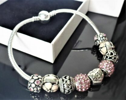 SET NEU 19cm Schlangen Gliederarmband + 9 Charms PINK Rosa silber Armband Clip – Bild 5