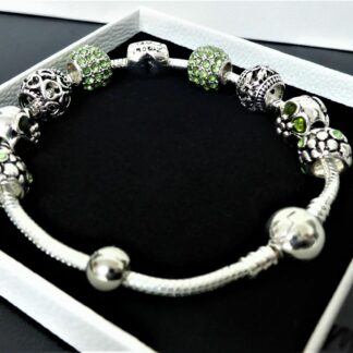 21cm Schlangen Gliederarmband Pave + 10 Charms GRÜN SILBER Herz Liebe Armband