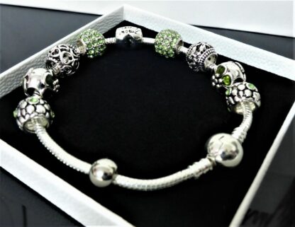 21cm Schlangen Gliederarmband Pave + 10 Charms GRÜN SILBER Herz Liebe Armband