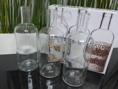 3x DEKO SET Blumen Vase Glas Flasche Kerzenhalter klarglas Dekoflasche