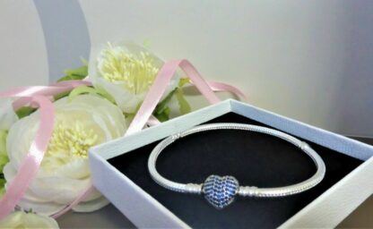 NEU 20cm S925  Schlangen Gliederarmband Pave BLAU SILBER Herz Lieb Charm Armband – Bild 4
