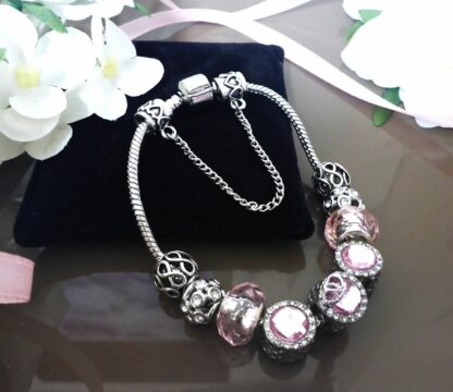 SET 20cm 9 + Kette PINK silber Schlangen Gliederarmband Liebe Herz Charm Armband – Bild 3