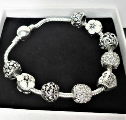 NEU 20cm Pave + 10 Charms Schlangen Gliederarmband SILBER Blüte Herz TOP Armband – Bild 3