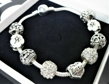 NEU 20cm Pave + 10 Charms Schlangen Gliederarmband SILBER Blüte Herz TOP Armband